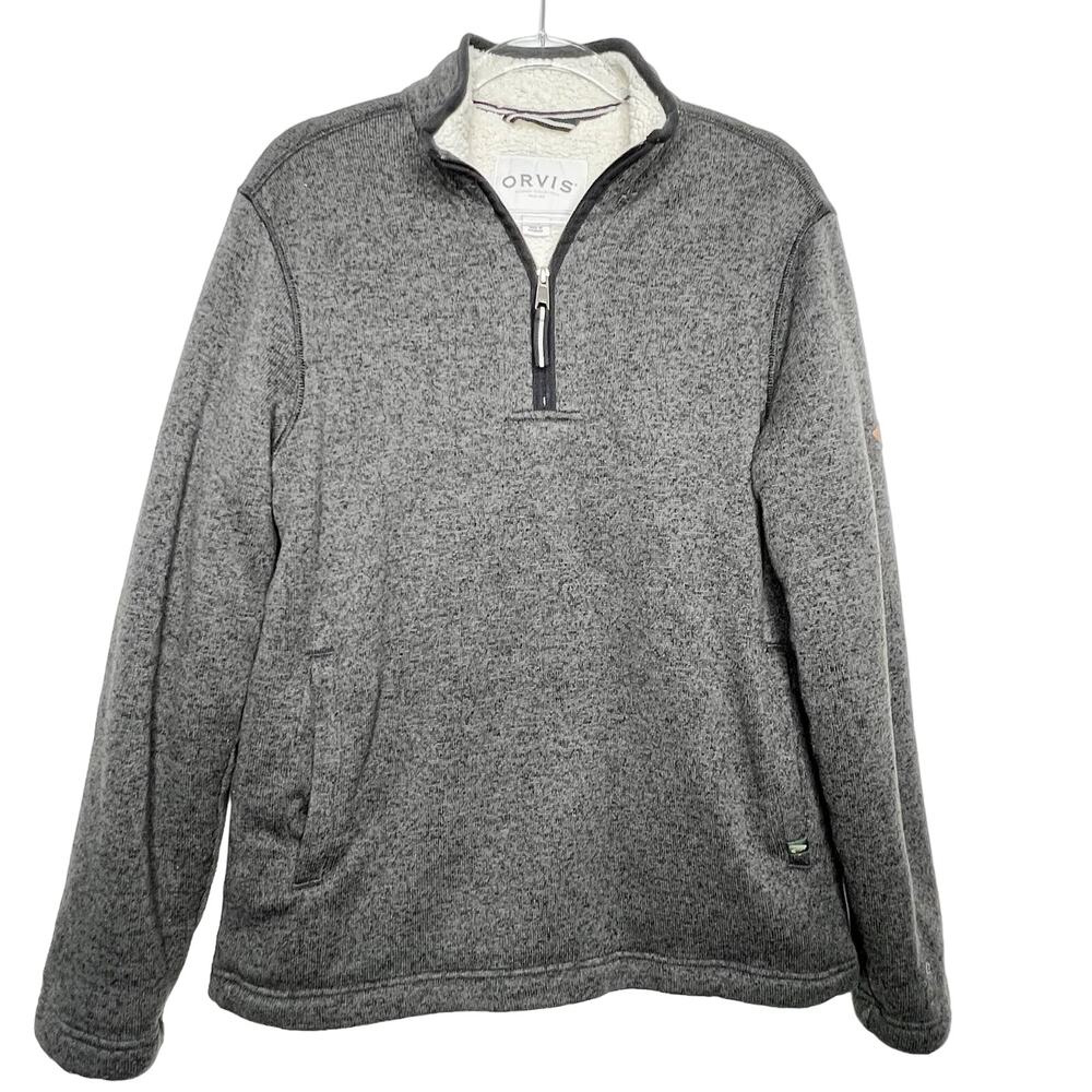 ORVIS Sherpa Lined 1/4 Zip Pullover Sweater Stand Up Collar Heather Gray Size M